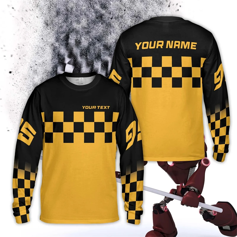 

Personalized Color Checkered Motocross Long Sleeve Shirt For Men Custom Rider Name Dirt Bike 3D Printed T Shirts Loose Mens Tees