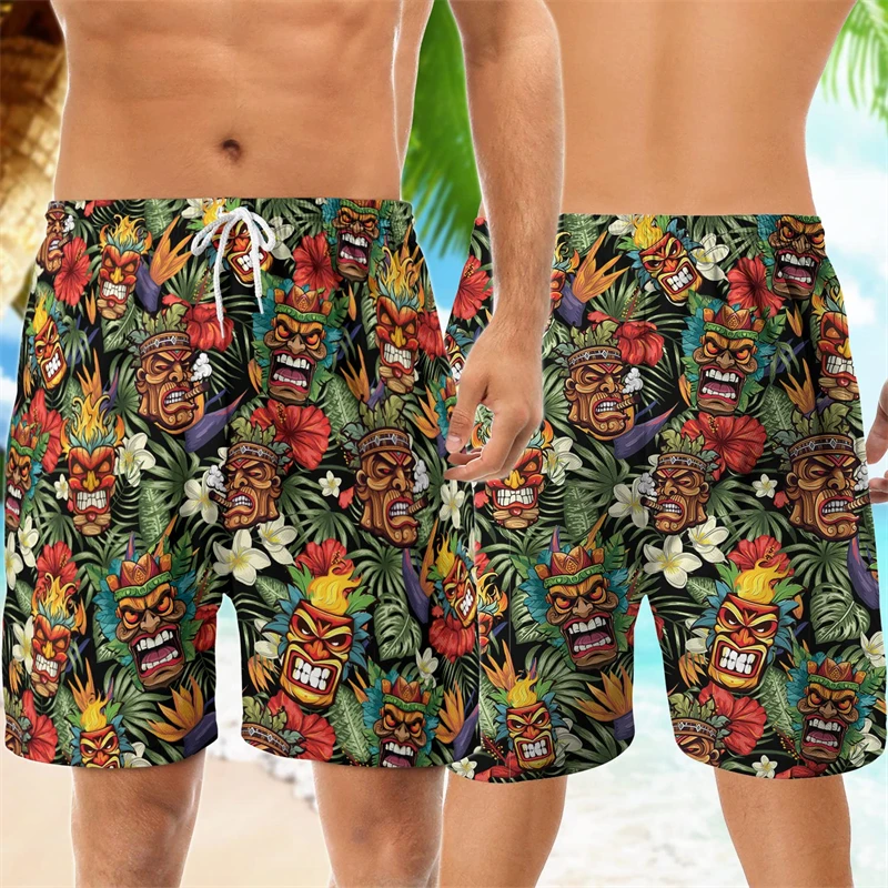 Tropical Tiki Mask 3D Printed Beach Shorts Harajuku Fashion Hawaiian Short Pants Casual Vacation Trunks Aloha God Men Trousers