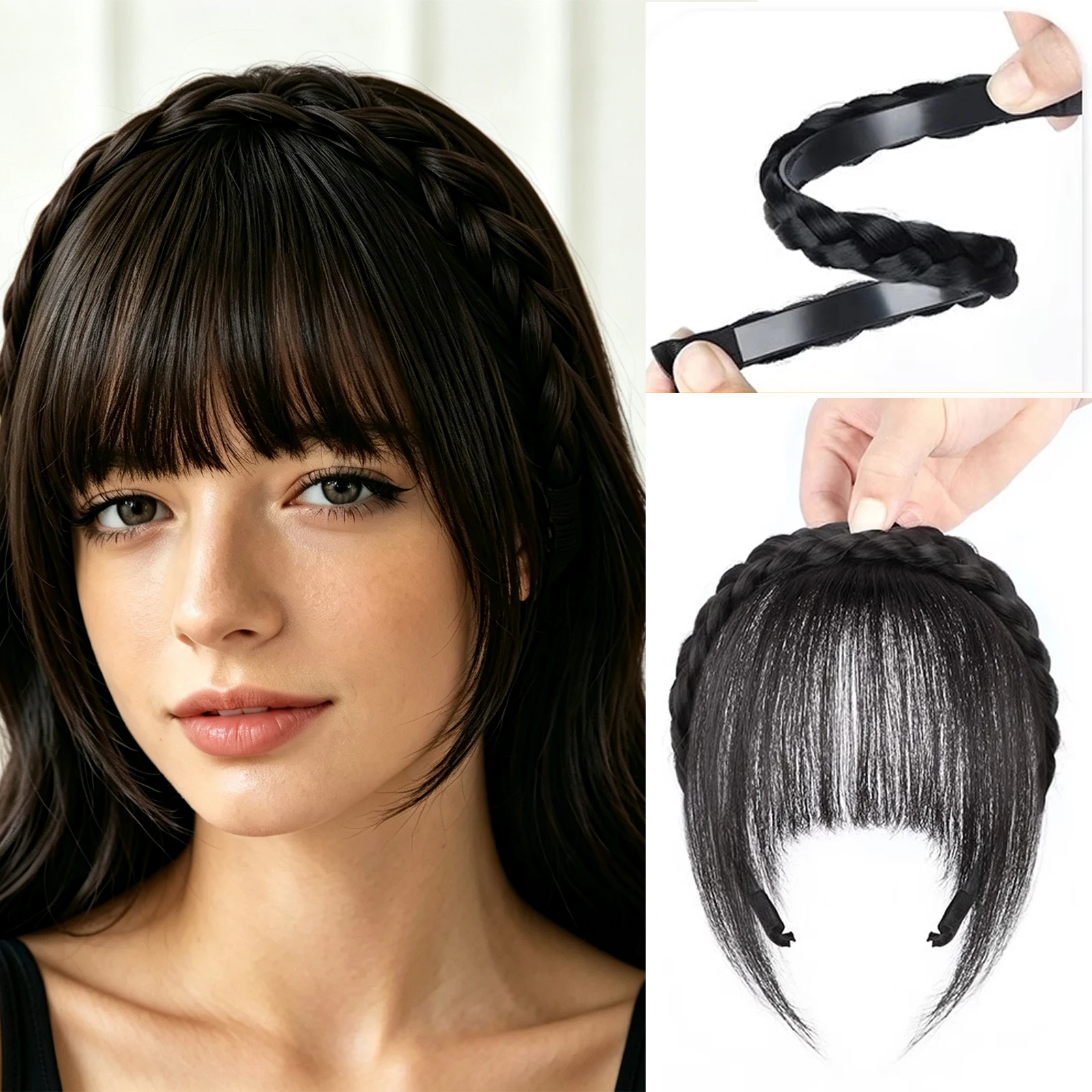 Front Hair Bangs Fringe Hair Extensions Synthetic Wigs Headband for Women Braided Headband with Bang Looking Hair Accessories fo