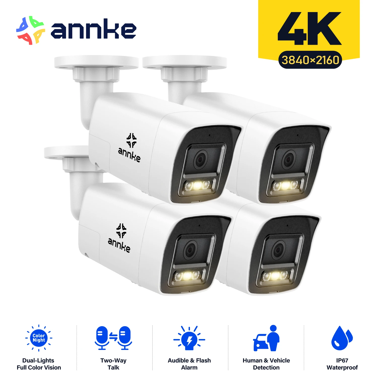 ANNKE 4Pcs 4K Ultra HD POE Network Video Security Camera 8MP H.265+ IP Camera Support Two Way Audio Human & Vehicle Detection