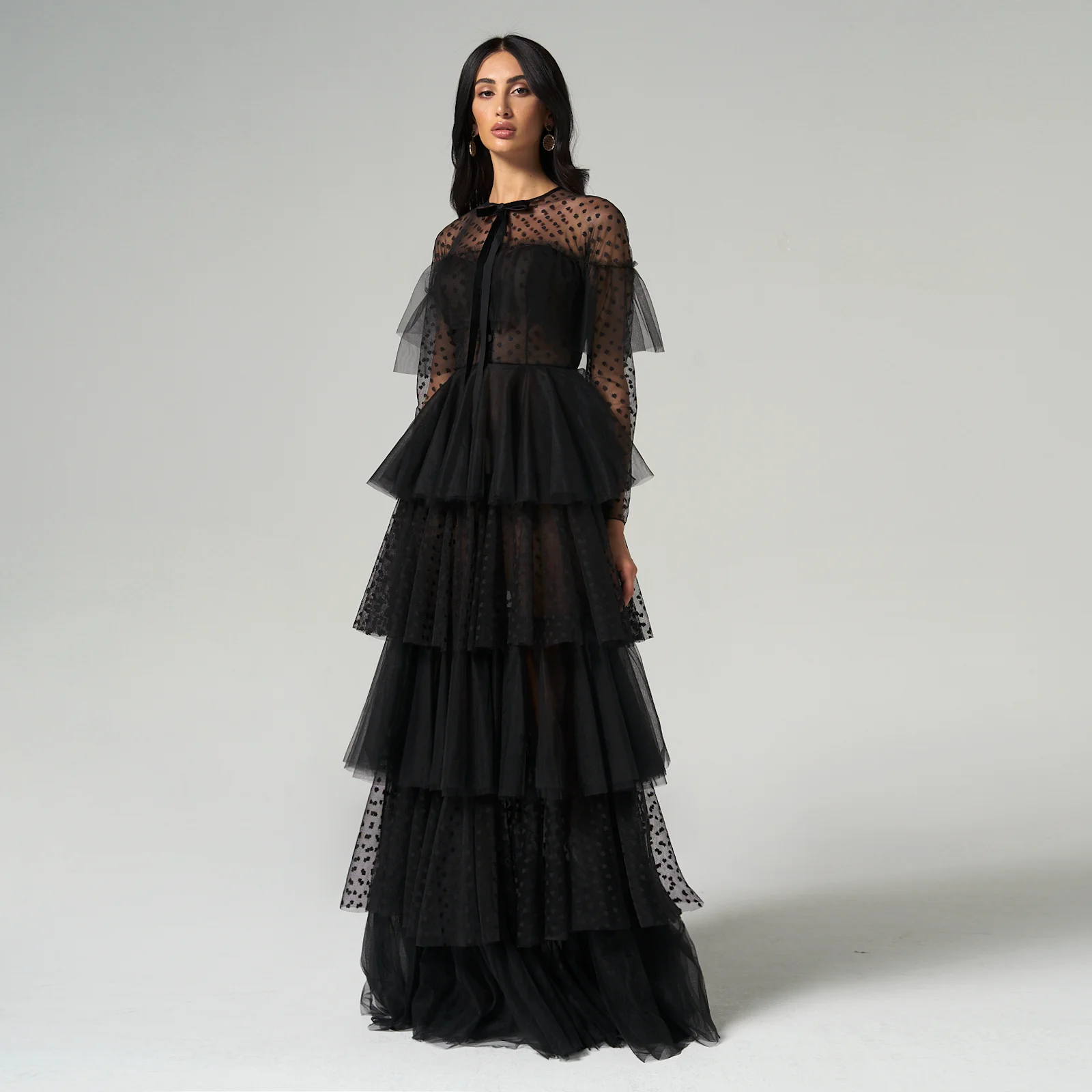 

Welove O Neck Evening Dress Tulle Sleeves Floor Length Tiered A Line Dubai Arabic Women Formal Dresses