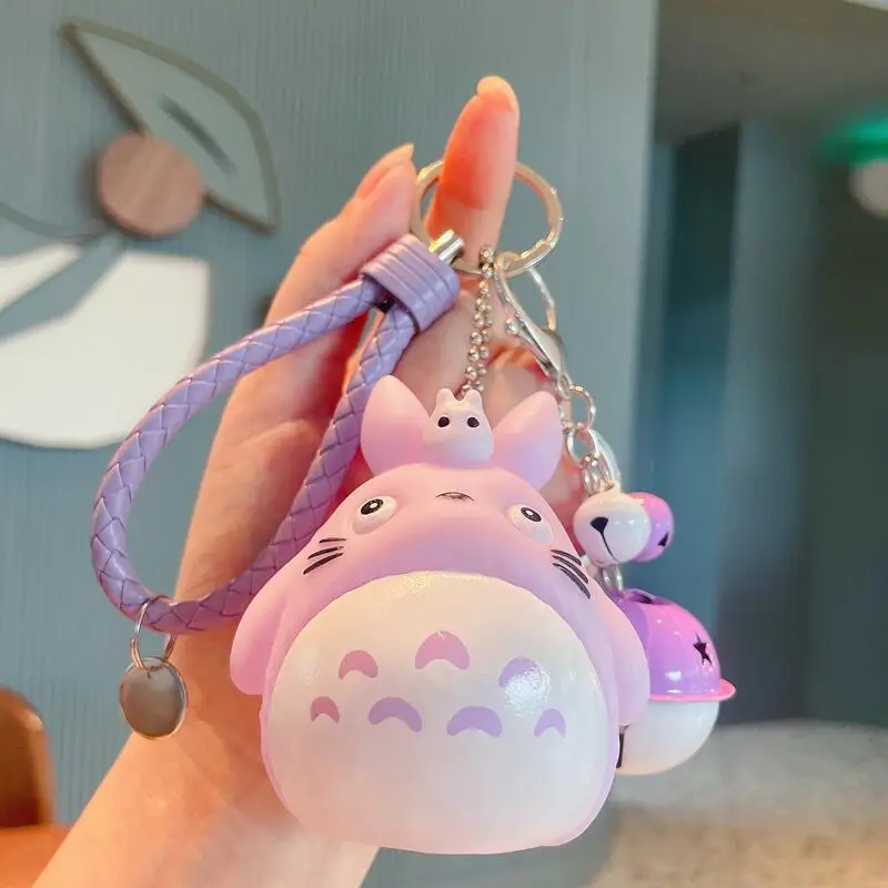 Cute Totoro Keychain Cartoon Figurine with Braided Wrist Strap & Bell, Bag & Car Pendant Accessory, Festive Gift for Couples view 3