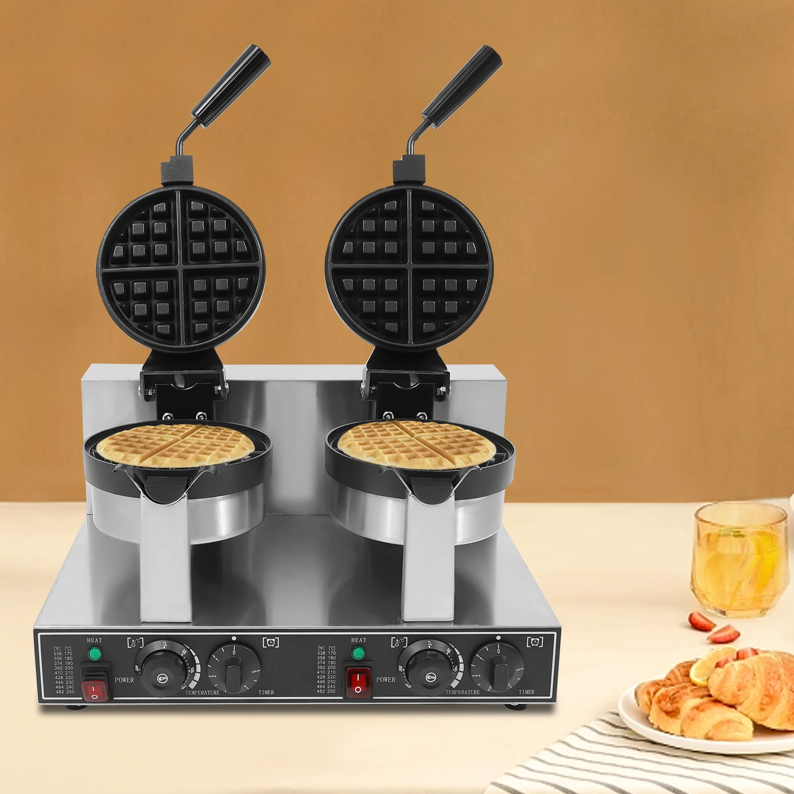 

Commercial Waffle Maker 2400W Double Head Round Waffle Rotating Maker Machine Non-stick Waffle Cake Baker Pan Stainless Steel