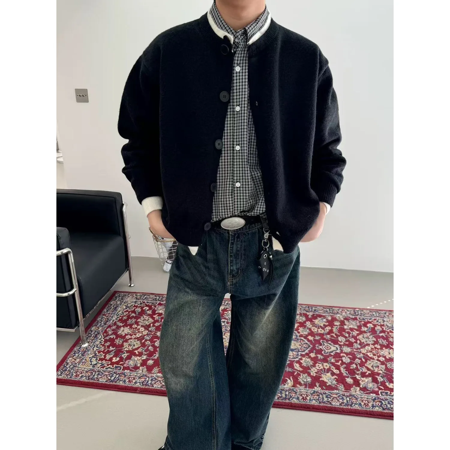 

Loose Knitted Cardigan Sweater Men's Oversize Patchwork Fake Two-Piece Open-irt Sle Autumn Winter Thiened Long Sve