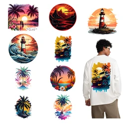Lighthouse Stripe Sticker Palm Tree Sunset Heat Transfer Clothing DIY Decoration Iron On Clothing Accessories Washable