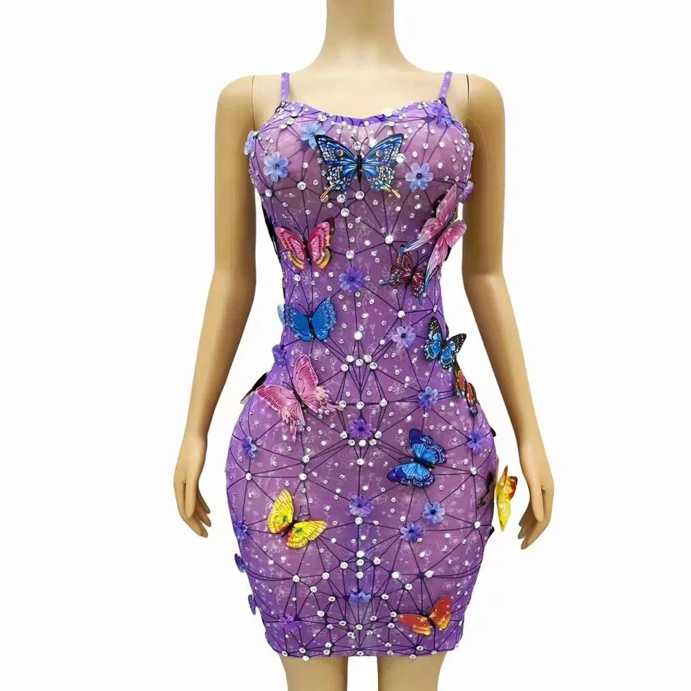 

New Sexy Flashing Lovely Butterfly Rhinestones Flowers Purple Dress Transparent Birthday Celebrate Costume Fancy Photoshoot Gown