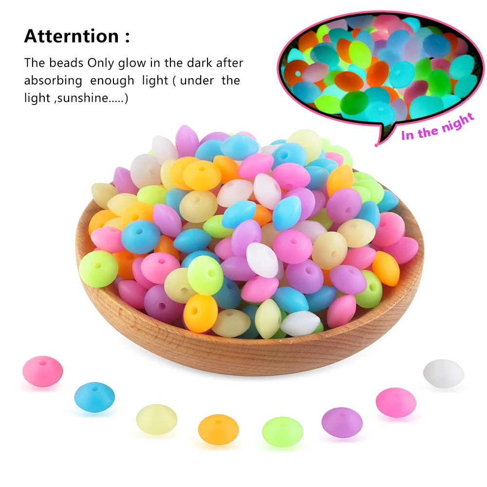 50Pcs 12MM Luminous Silicone Lentil Beads Glow In The Dark Loose Spacer Bead DIY Bracelet Necklace For Jewelry Making