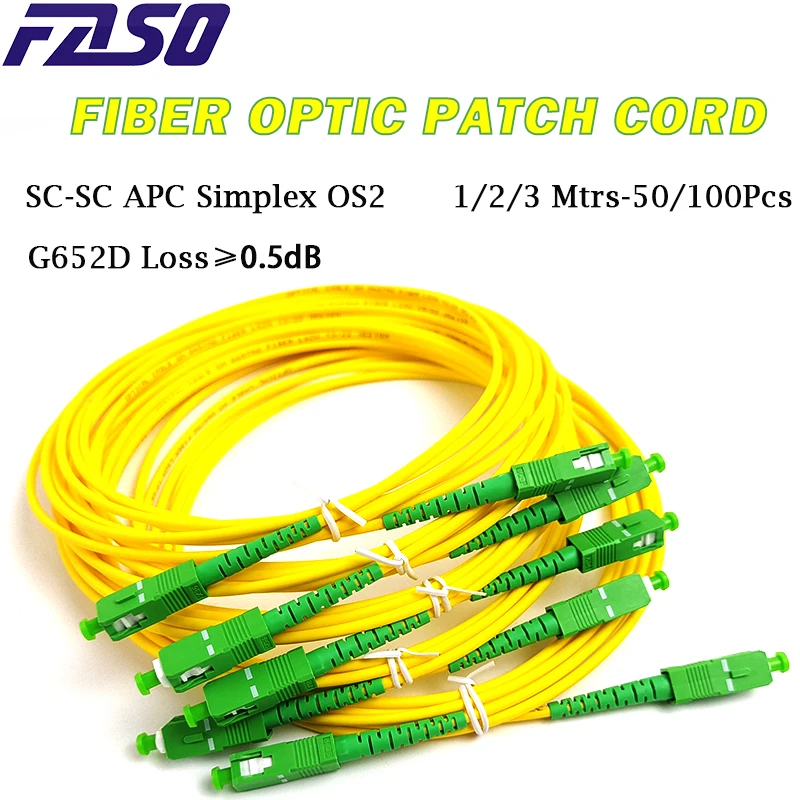 100 Uds OEM SC/APC Cable de conexión de fibra óptica 1/2/3 metros SM G652D SX Core 3,0mm con chaqueta amarilla LSZH para telecomunicaciones