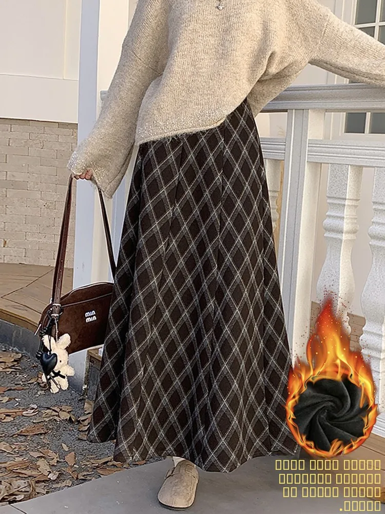 

Faionable Plaid Fce Lined High Waist Skirt Women's Autumn Winter Ele Busin Ci Commute Casual a Line Skirt