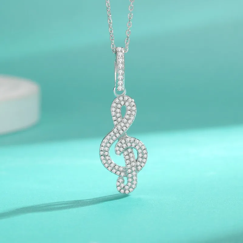 S925 Silver Real Moissanite Musical Note Pendant Necklace for Women Fine Jewelry Iced Out Diamond Charm Necklaces Pass Tester