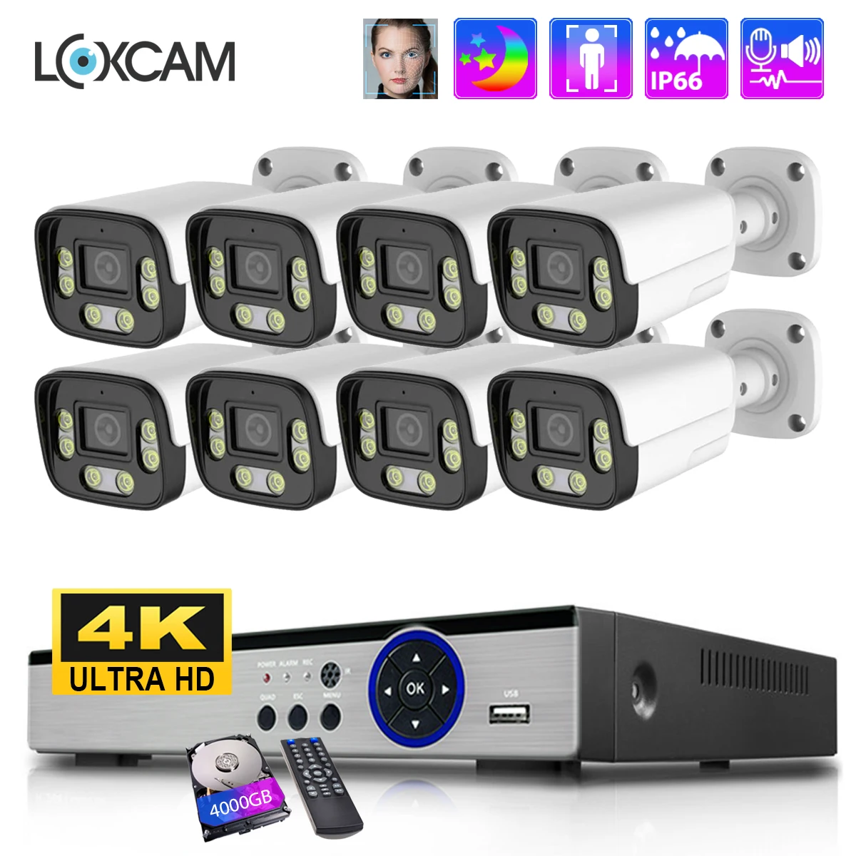 LOXCAM 8CH 4K Security Camera System 10CH 8MP 4MP POE Ai Face Detection Outdoor Two Way Audio Camera Video Surveillance Set