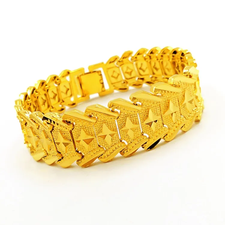 Men's gold 9999 24K real gold large watch chain car flower wide bracelet gold jewelry classic and simple