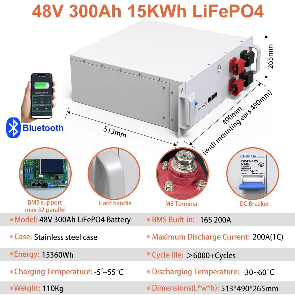 Imagem -04 - Bateria de Bluetooth com Capacidade Total 48v 300ah Lifepo4 200ah 100ah os Ciclos 6000 Mais 16s 200a Bms Rs485 Pode 32 Peças Máximos Categoria Paralela a a