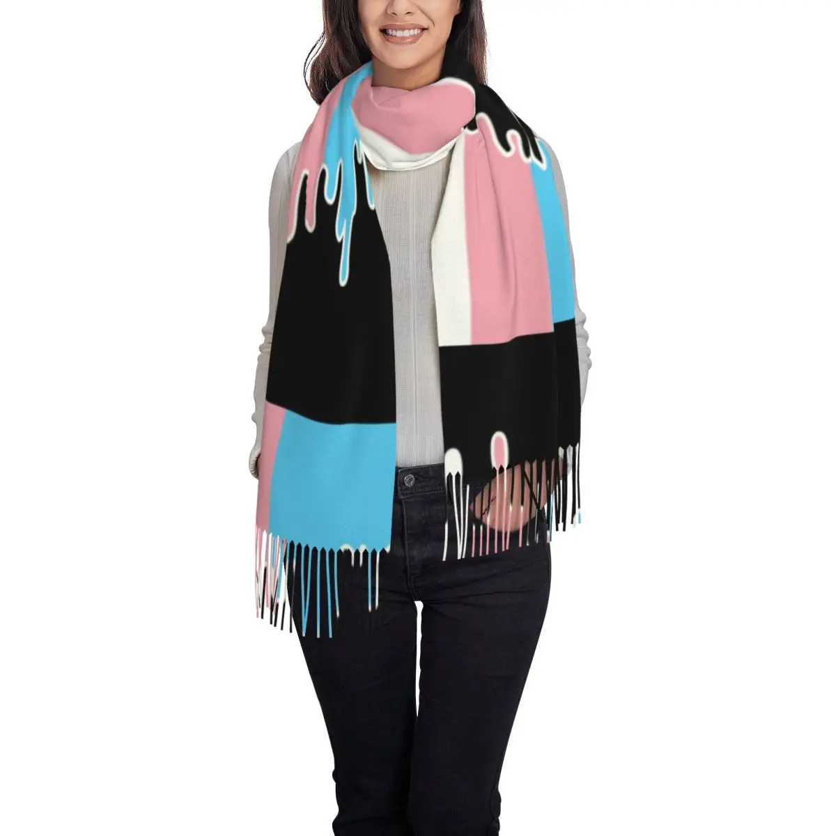 Custom Trans Pride Flag Drip Tassel Scarf Women Soft Transgender LGBT Shawls Wraps Ladies Winter Scarves