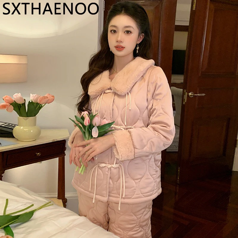 

SXTHAENOO Winter New Women Pajamas Set Top Trousers Two-Piece Solid Color Lapel Thick Pajamas Simple Rose Powder Home Clothes