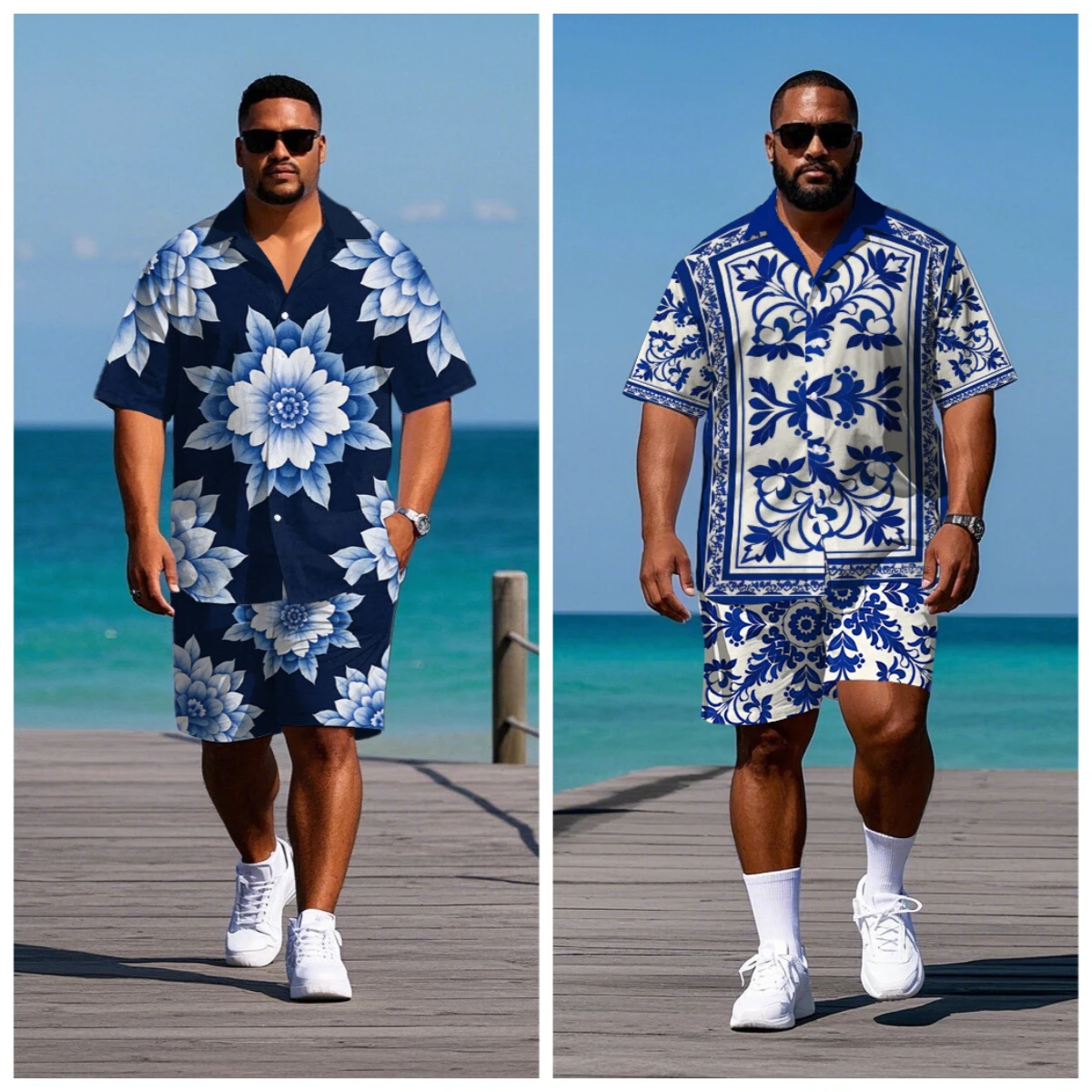 

S-9XL Big and Tall Men Blue & White Floral Print Hawaiian Shirt Shorts Set Casual 2-Piece Outfit