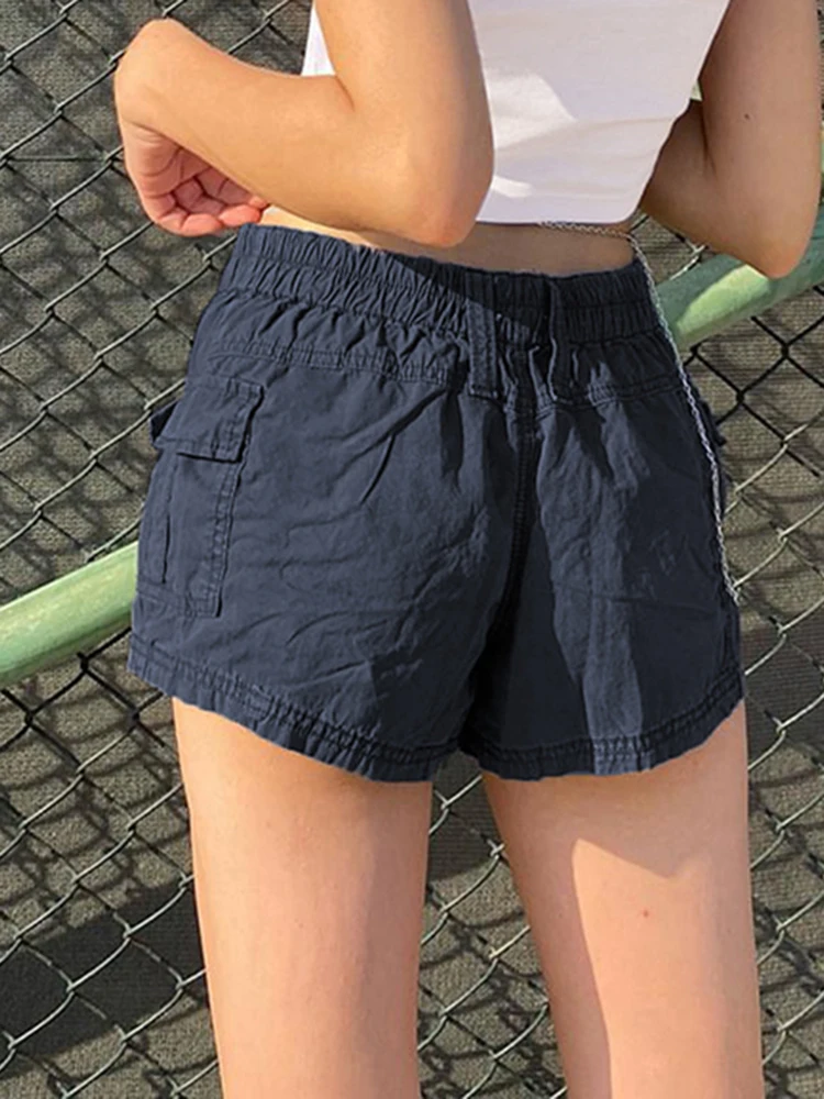 Rapcopter y2k Solid Cargo Shorts Pockets Elastic Band Low Waisted Shorts Harajuku Retro Basic Casual Sporty Bottom Women Biker