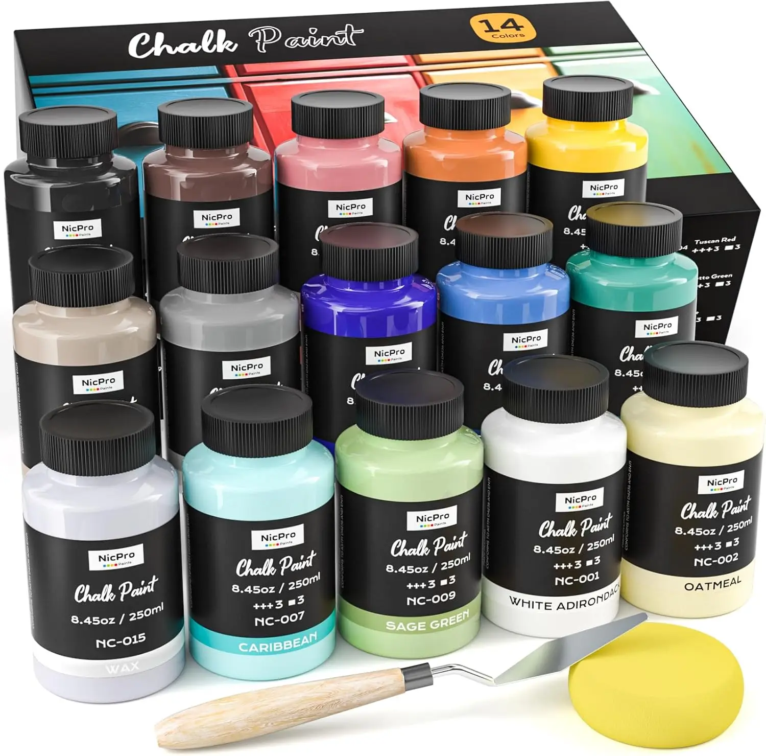14 Colors Matte Chalk Paint Set for Furniture, 250ml Acrylic Craft Paints with Wax, Beginner-Friendly Home Decor