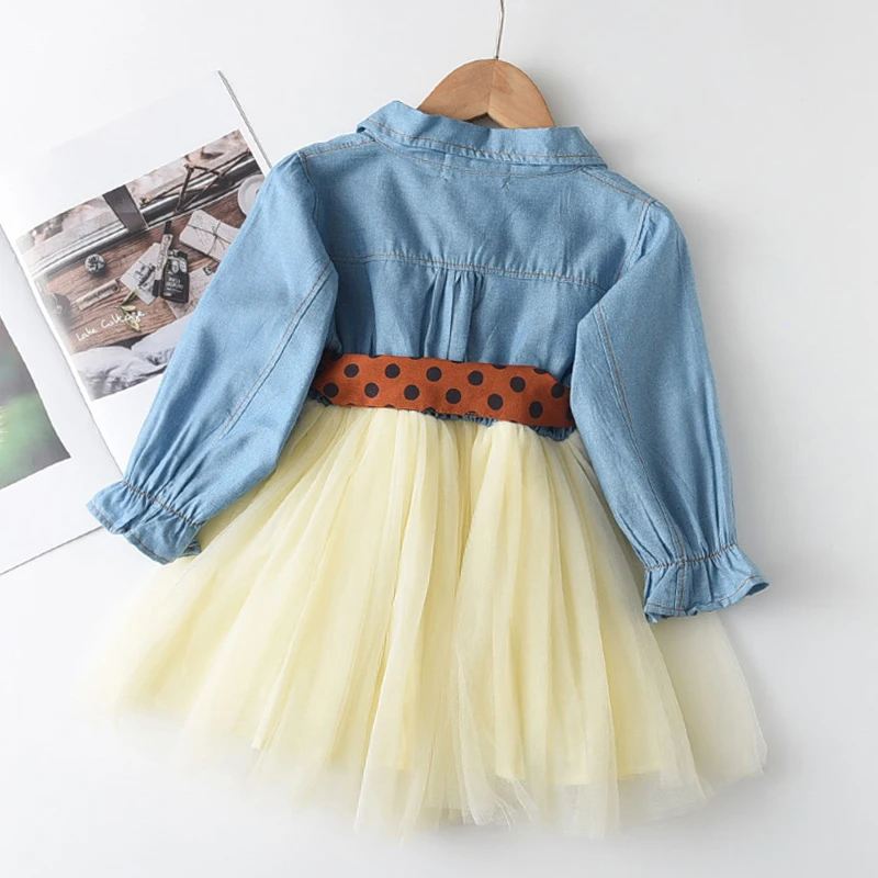 Autumn and Winter Promotion Korean Casual Lapel Denim Patchwork Mesh Long Sleeved Dress with Bow Decoration for Girls Aged 1-2