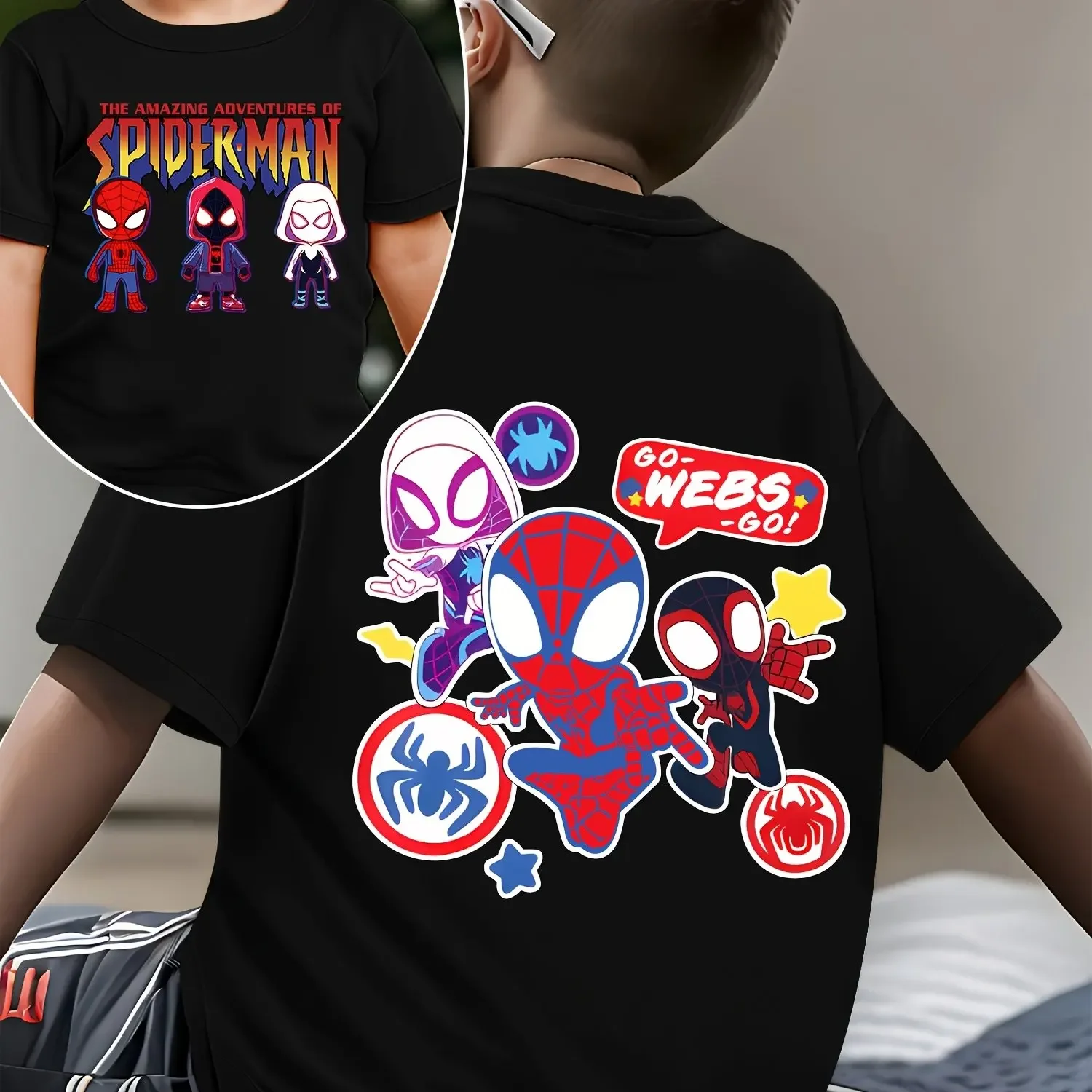 Kids T Shirt Cartoon Print Front and Back 2026 Marvel Spiderman Design Cotton Casual Short Sleeve Summer Top for Boys Girls