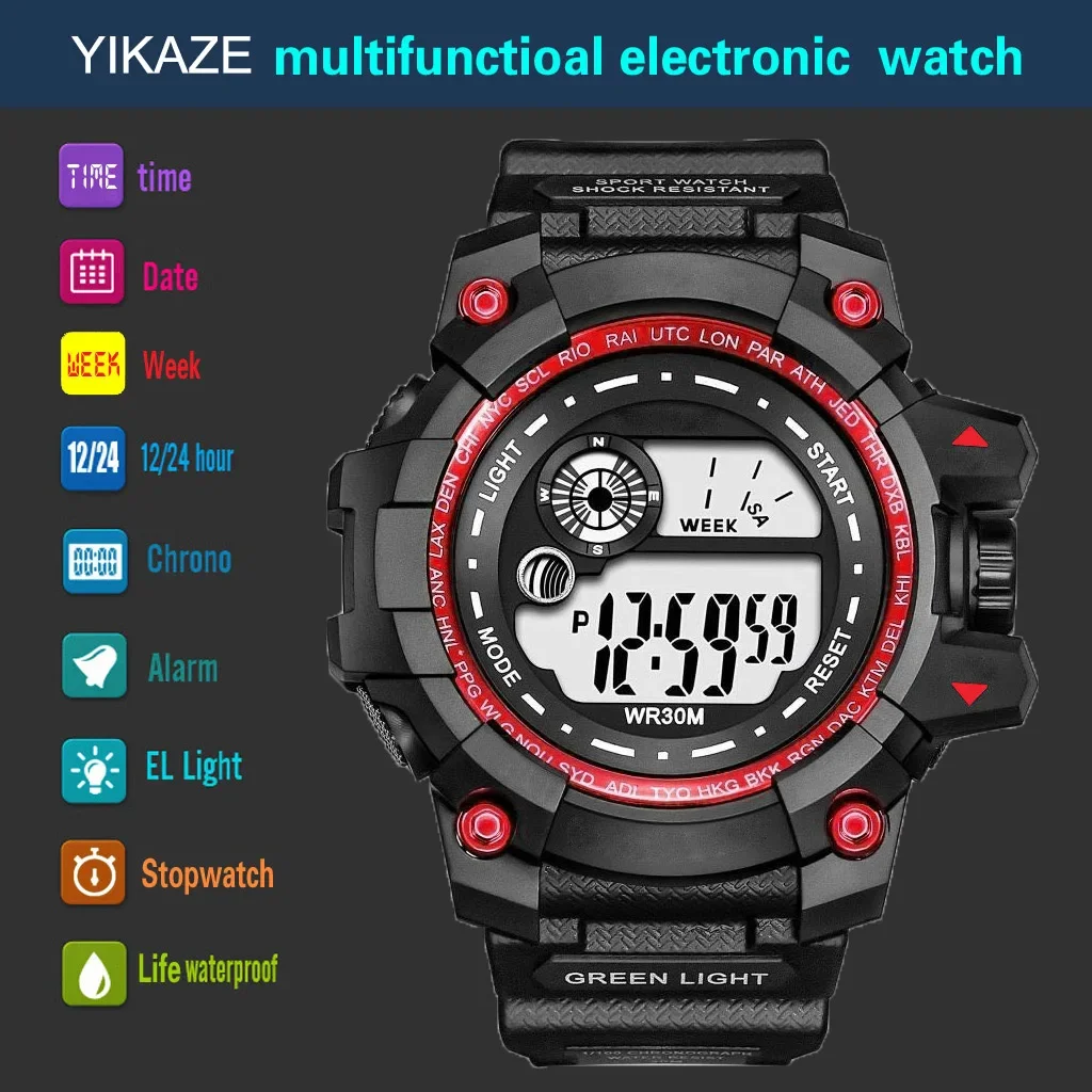 YIKAZE-Montre numérique LED pour homme, grande taille 50mm, étanche, sport, date, armée, militaire, horloge, montre-bracelet électronique