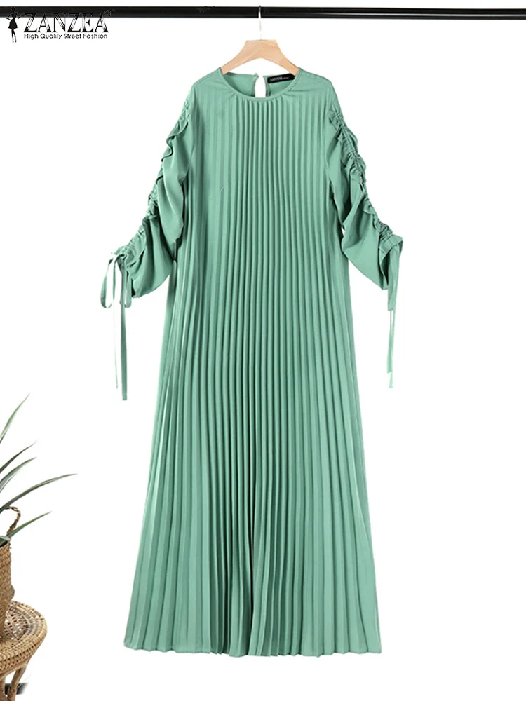 Muzułmańskie hidżab sukienki Abaya ZANZEA wiosna Maxi Sundress kobiety moda z długim rękawem plisowana sukienka na imprezę islamska odzież szata Femme — zdjęcie 5
