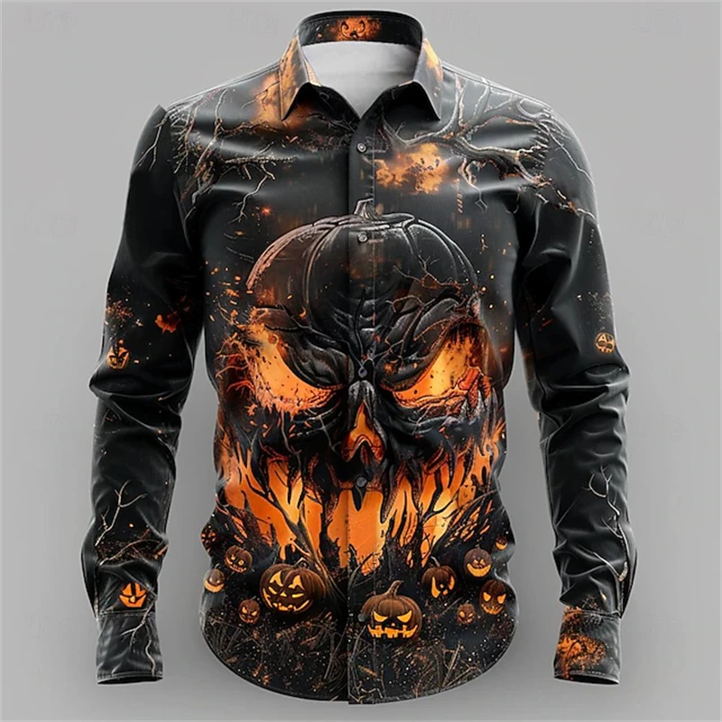 2024 New Men\'s Halloween Fashion Shirt 3D Devil Pumpkin Print Long Sleeve Halloween Street Buttoned Single Breasted Shirt S-5XL