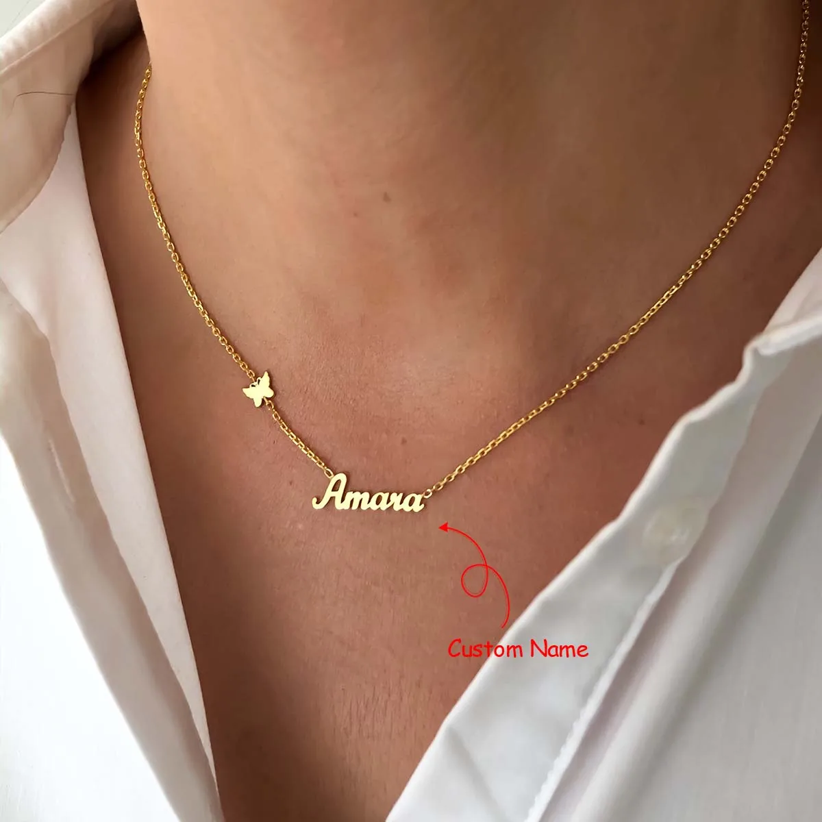 

18K Gold Plate Name Necklace with Butterfly, Personalized Stainless Steel Necklace, OL Jewelry for Ladies, Birthday Gift Women