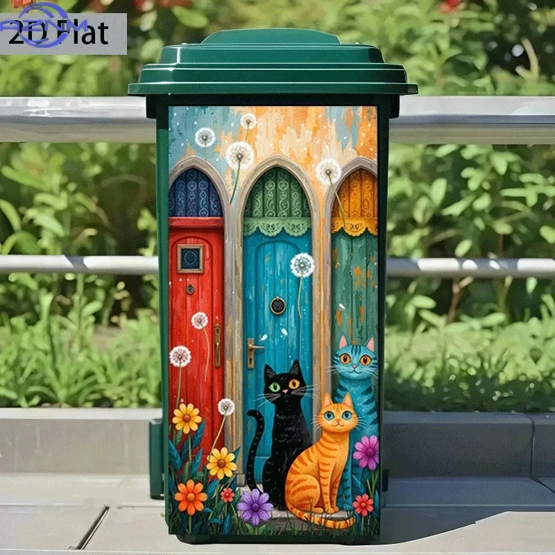 2D 1PCof Trash Can Sticker,  Featuring a Colorful Cat Design, Self-Adhesive Wall Decoration for Kitchen Trash Cans (Suitable f