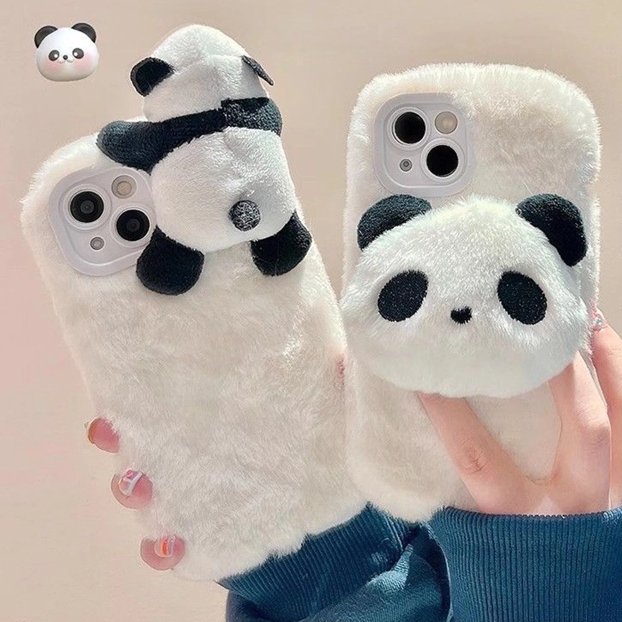 Cartoon 3D Panda Plush Phone Case For iPhone 15 14 13 12 11 Pro Max Cute Plush Girl Phone Case