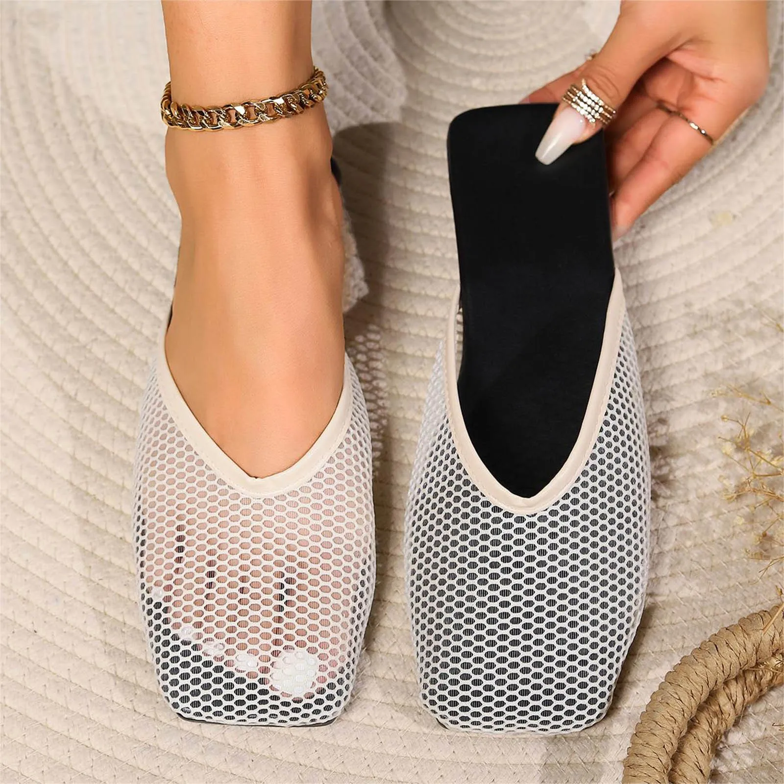 

Women's Summer Sandals Net Cloth Overhead Square Toe Sandals Breathable Hollow Flat Non Slip Slippers Mules Female Sandals