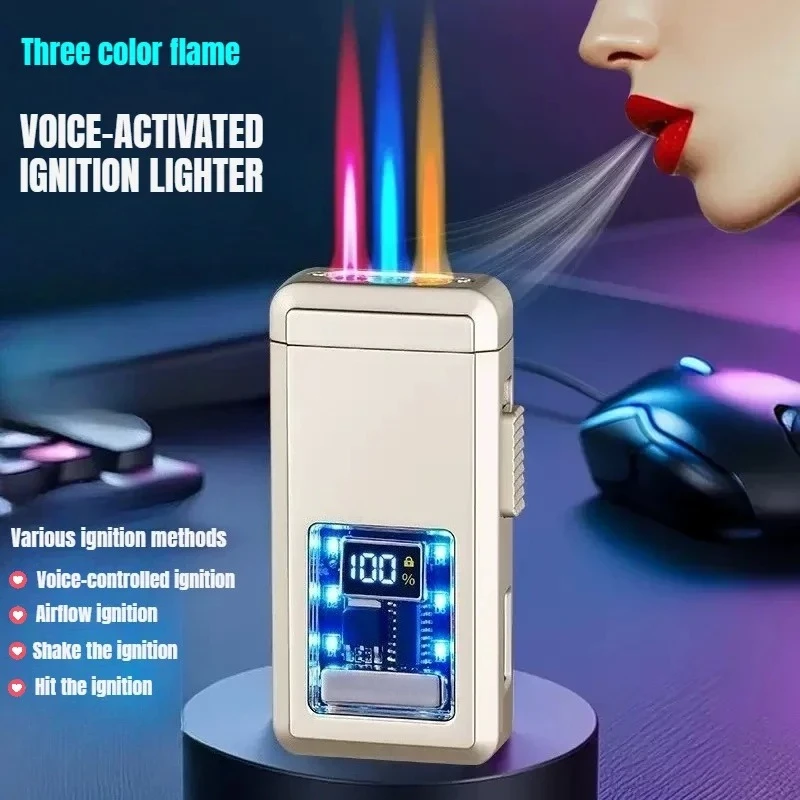 Three Colors Flame Voice-activated Seven-hole Width Flame Lighter Visible Gas Window, Multiple Ignition Methods, Type-C Charging
