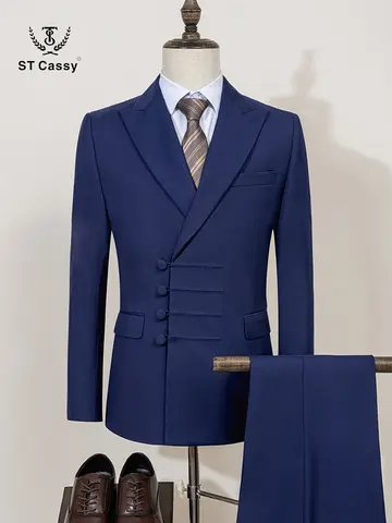 ST Cassy 블루 우아한 남자 정장 결혼식 슬림 피트 더블 브레스트 여러 버튼 캐주얼 비즈니스 남자 2 피스 복장 세트