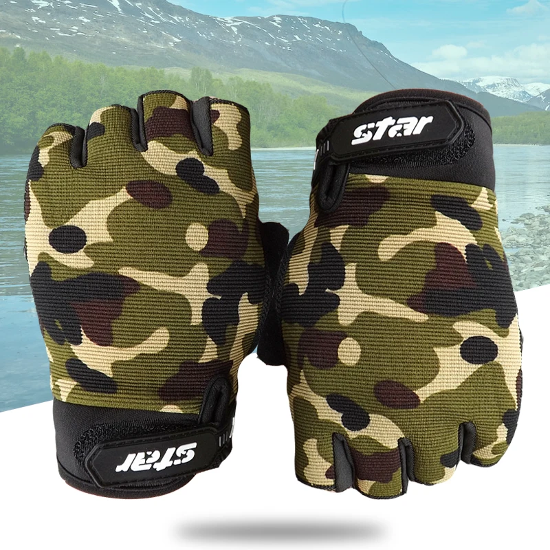 (S-2XL)Adult Kids Tactical Half Finger Fishing Gloves Anti-Slip Outdoor Sport Mittens Camouflage Airsoft Shooting Hunting Gloves