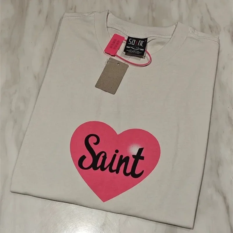 

25SS розовые футболки в форме сердца с узором Saint Michael для мужчин и женщин 1:1, высококачественная повседневная белая футболка большого размера