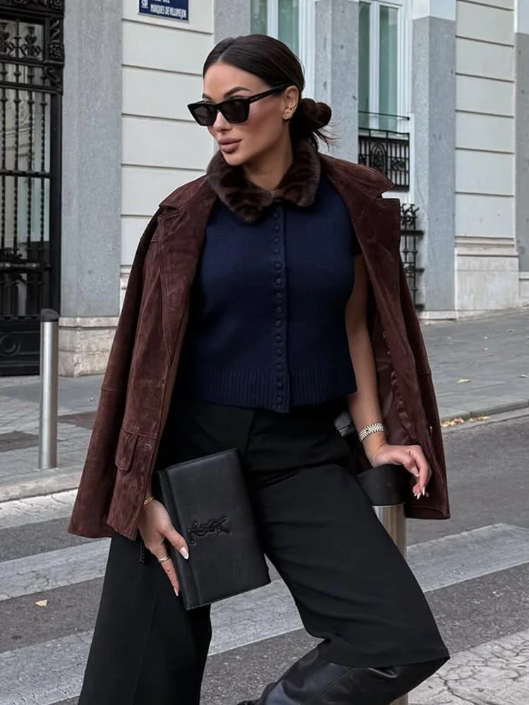HH Women Fashion Cardigan Navy Blue Leopard Print Turn-Down Collar Short Sleeve Single-Breasted Female Autumn Casual Tops