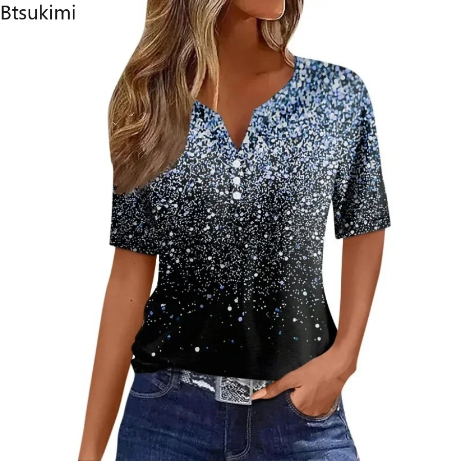 

Casual Simple Women T-shirts Summer Fashion 3D Print V-neck Short Sleeve Pullover Tops Streetwear Trend Versatile Women Clothing