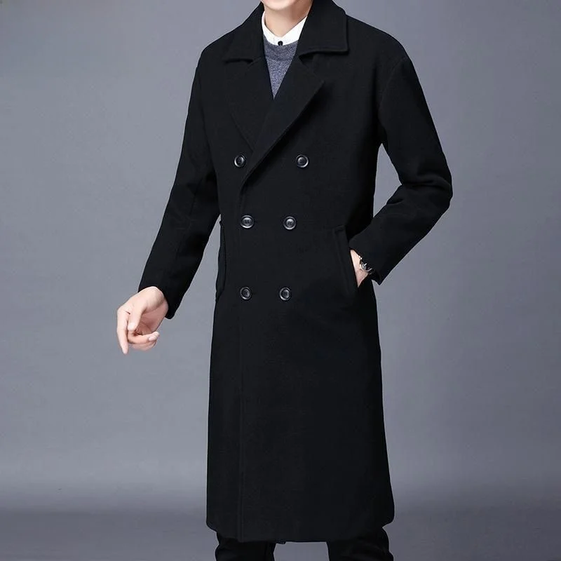 

Autumn Winter Long Loose Double Breasted Woolen Coat Men's Cotton Added Warmth Knee Length Windbreaker Classic Sle Outerwear