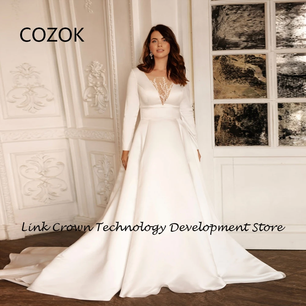 COZOK White Satin Wedding Dresses for Women 2024 Summer New Sweep Train New Full Sleeve Bridal Gowns with Lace Vestidos De Novia