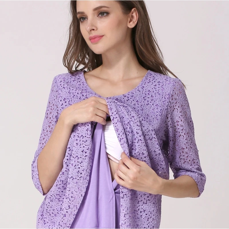Back Bow Split Lace Maternity Nursing Top 3/4 Sleeve Round Neck Contrast Layer Hem Hidden Breastfeeding Opening Pregnancy Tunic