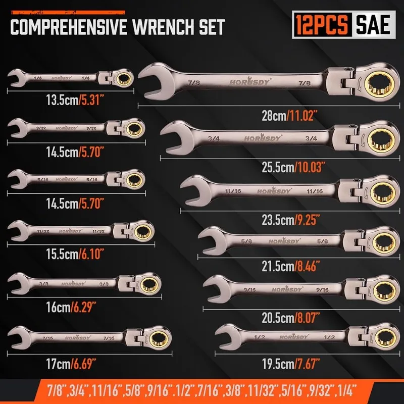 SAE Flex-Head Ratcheting Wrench Set Set with Organizer | 1/4” to 7/8“ Ratchet Combination Wrenches Set