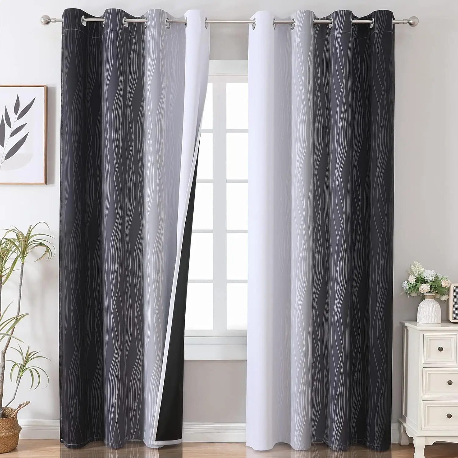 

Ombre Blackout Curtains 102 Inches Long 2 Panels Set, Black and Greyish White Thermal Insulated Drapes for Bedroom, Full Room