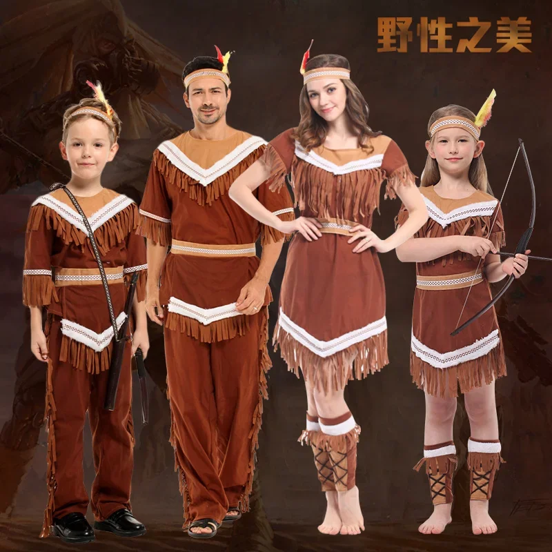 Kids boys Girls Pocahontas Huntress Costume Purim Party Mardi Fancy Dress headdress Halloween Women men Indian Princess Costumes