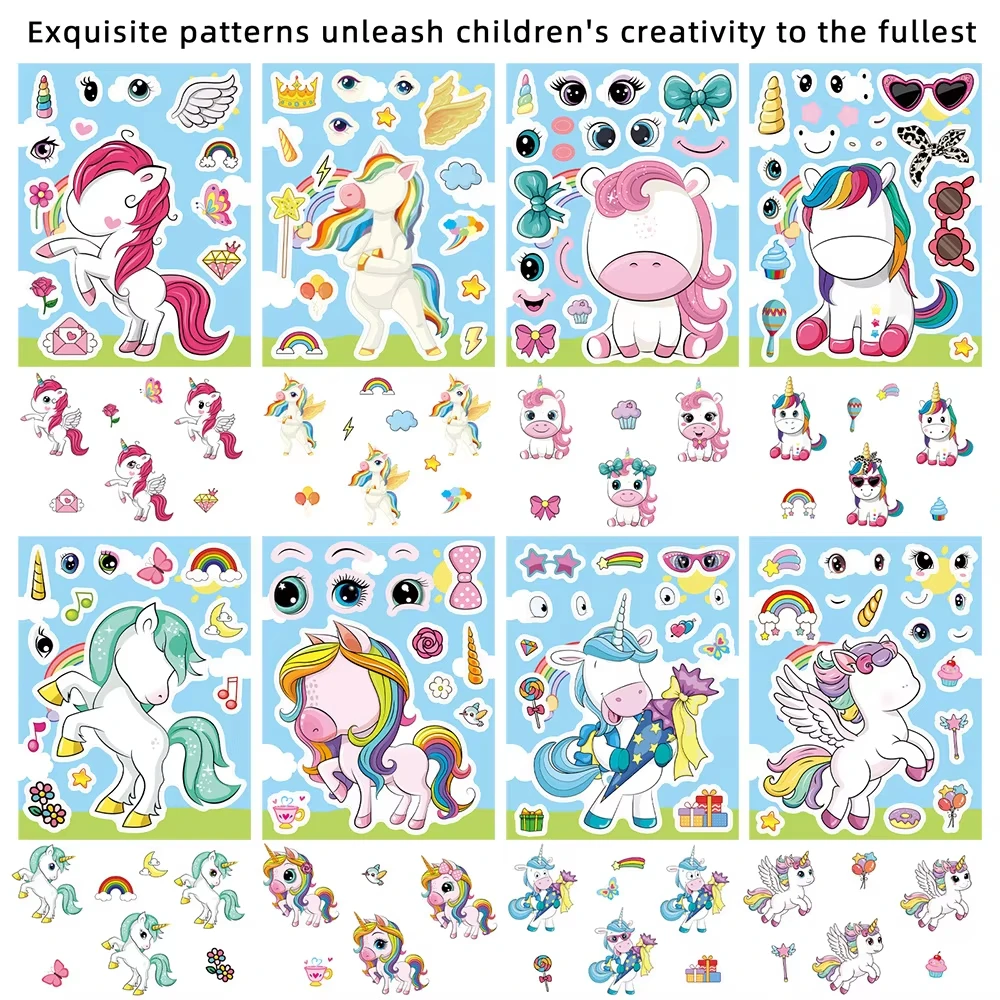 16Sheets Rainbow Unicorn Puzzle Stickers Make a Face Cartoon Decals DIY Guitar Phone Laptop Suitcase Water Cup Skateboard Decals