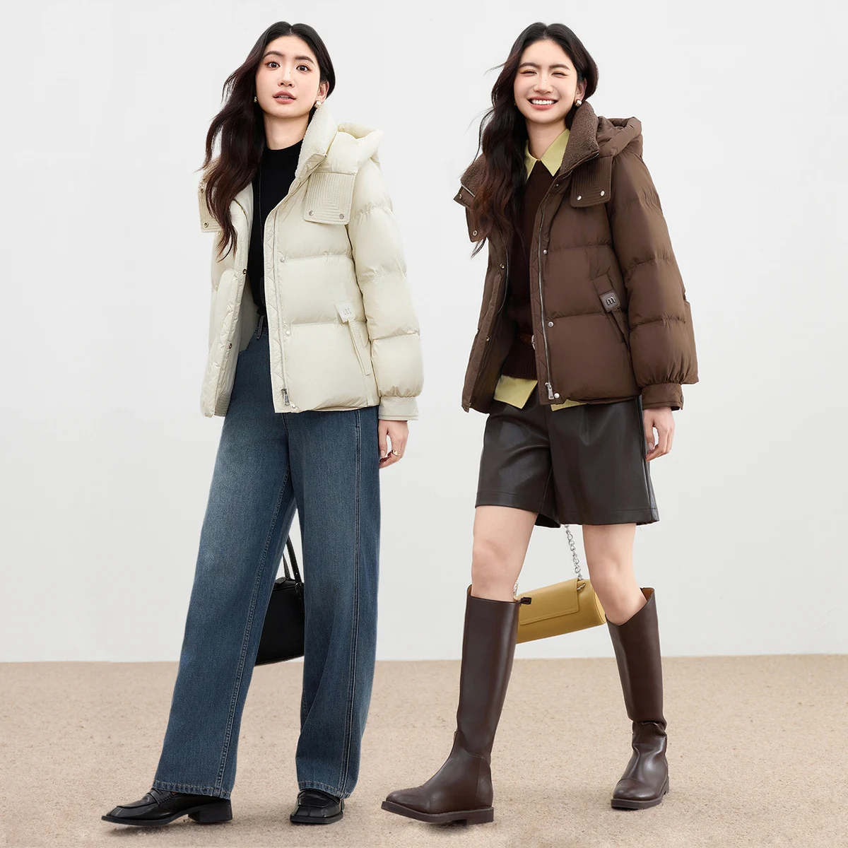 SENTUBILA Women's Winter Puff Down Jackets 2025 Stand Collar Hooded Long Sleeve Down Coats Loose-fit Outerwears W54YE2037