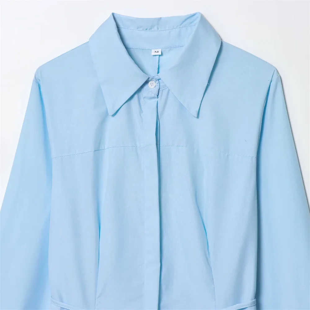 dames nieuwe stijl temperament slim fit revers lange mouwen vetersluiting decoratie casual effen kleur shirt lange jurk