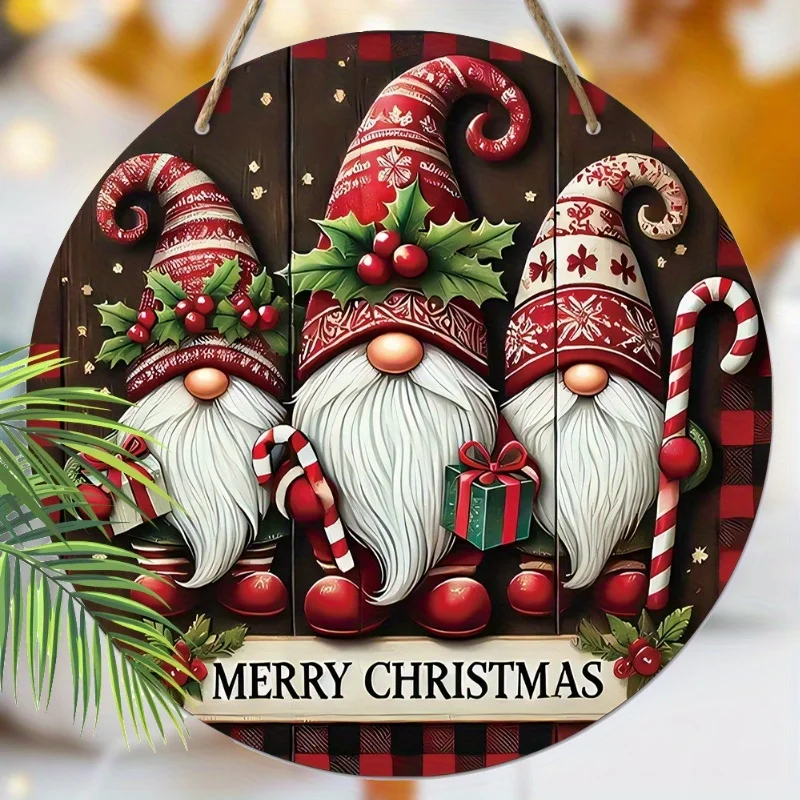 1pc Merry Christmas Retro Santa Claus Red Berry Candy Xmas Wood Porch Wreath Hanging Print Retro Sign Painting Home Fence Decor