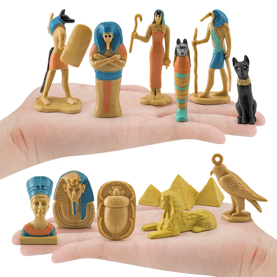 12Pcs Figure Toy Set Ancient People Figures Egypt Figurine Anubis Sphinx Pyramid Mummy Queen Isis Children Toys Games Kids Gifts