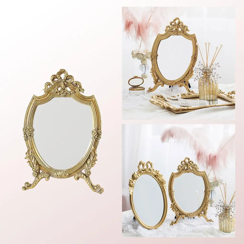 Resin Golden Makeup Mirror with Stand Shaped Bathroom Desktop Mirrors