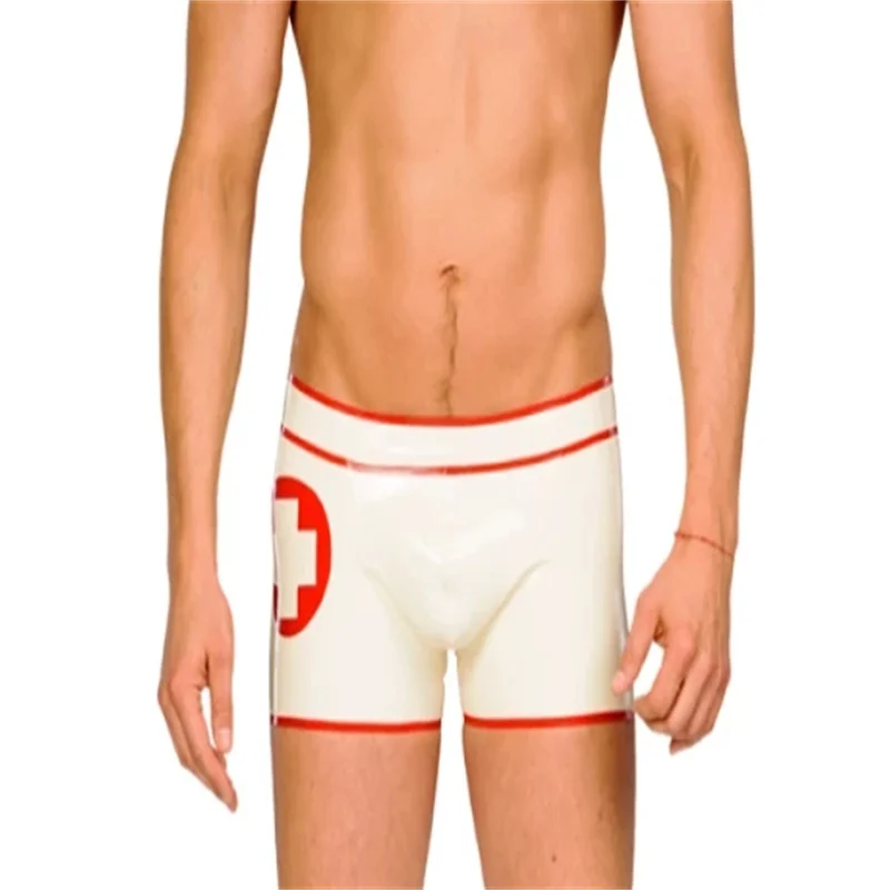 Men Latex Gummi Shorts Red with White Rubber Boxer Underwear 0.4mm Customized (No Zip)